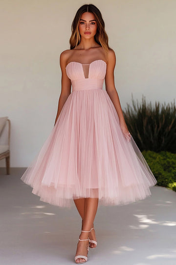 Pink A Line Strapless Tulle Long Wedding Guest Dress